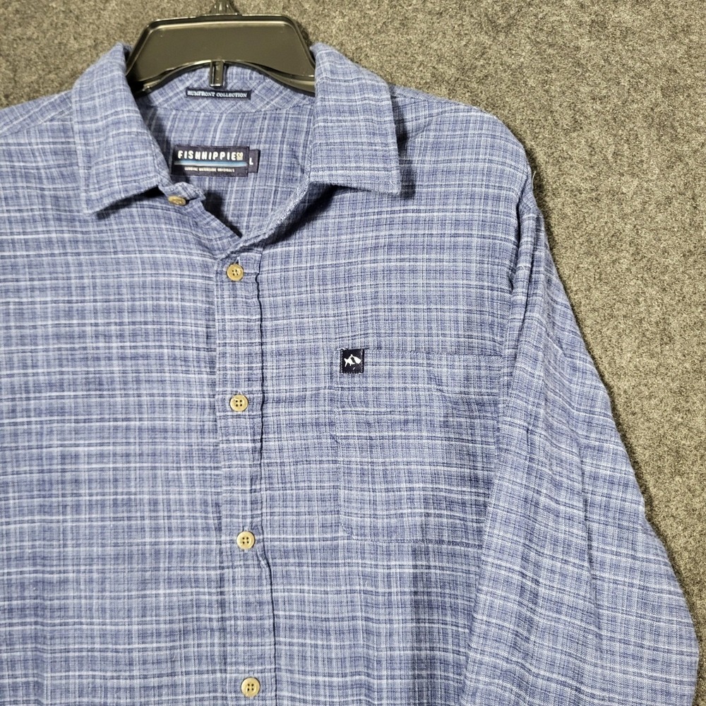 Fish Hippie Co Mens L Blue Plaid Rumfront Collection Long Sleeve  Shirt Flannel